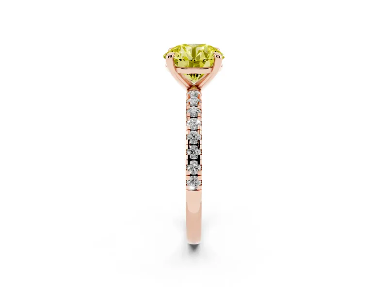 Fancy Yellow Round Cut Diamond Brilliant Solitaire Ring Set in Rose gold with Pavé Band and Prong Setting