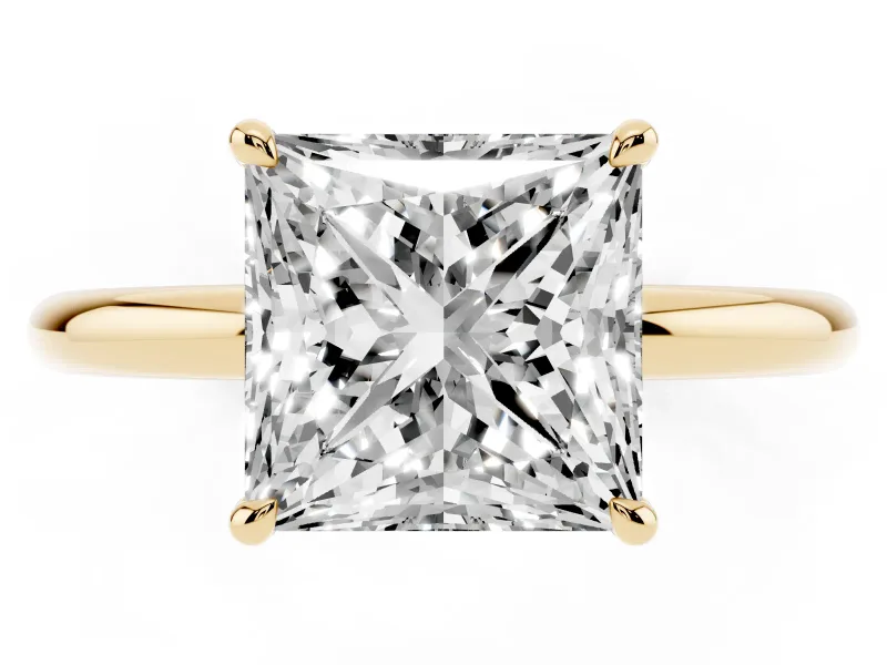 Princess Cut Diamond Solitaire Ring Set in Yellow gold with Thin Band and Prong Setting
