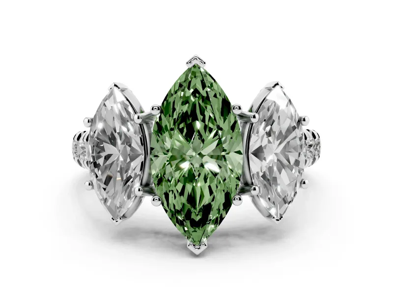 Fancy Green Marquise Cut Diamond Three-Stone Ring Set in Platinum with Pavé Band