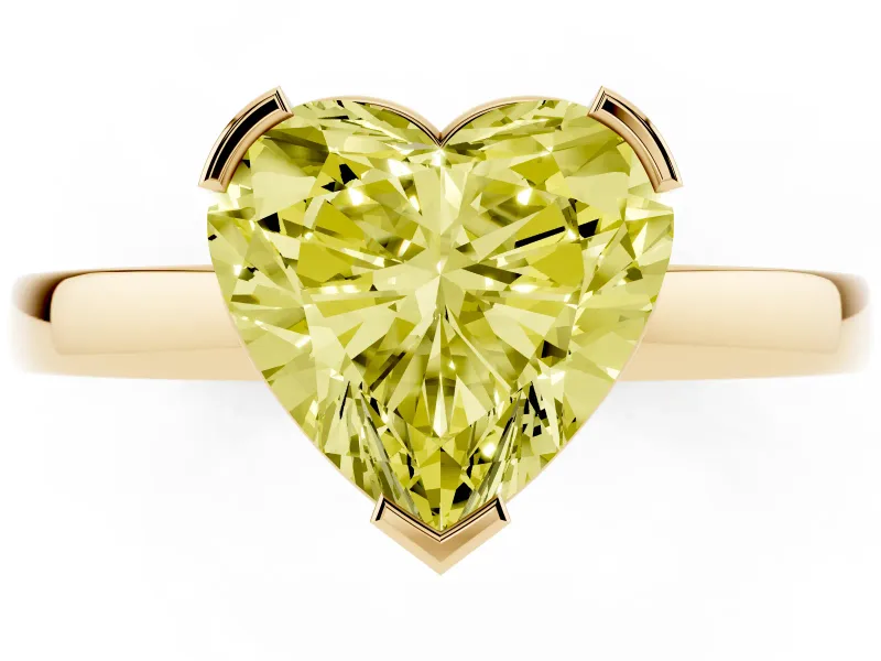 Fancy Yellow Heart Cut Diamond Solitaire Ring Set in Yellow gold with Prong Head and Smooth Polished Band