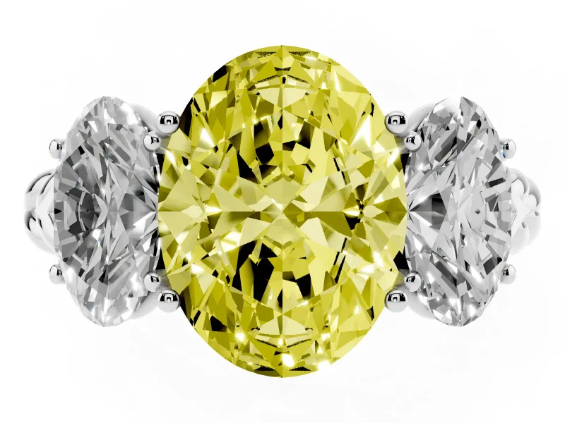 Fancy Yellow Oval Cut Diamond Three-Stone Ring Set in Platinum with Braided Band