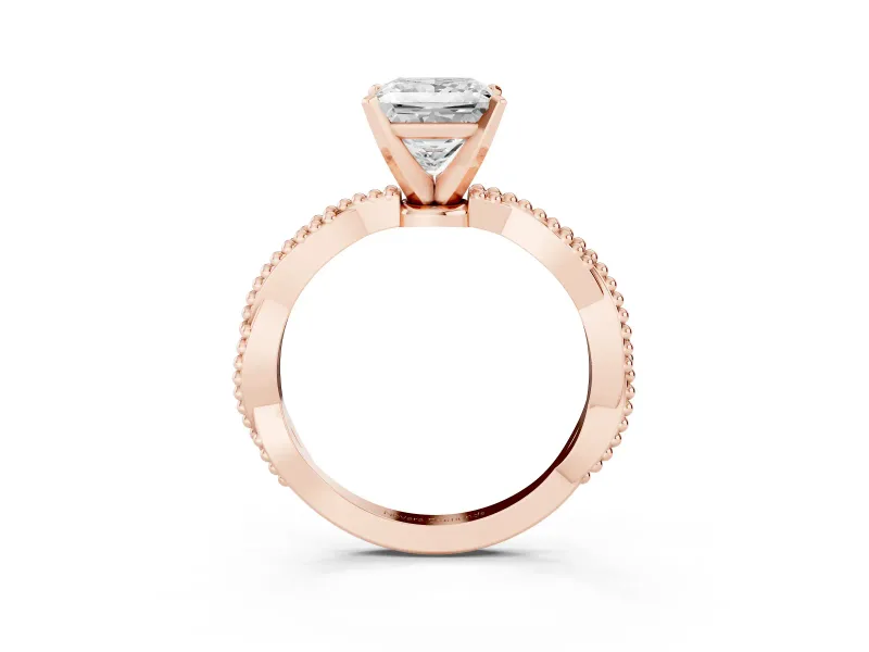 Princess Cut Diamond Solitaire Ring Set in Rose gold with Twisted Band and Bead Prong Setting