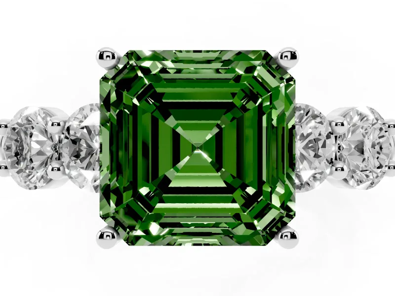 Asscher Cut Five Stone Engagement Ring Setting for a Fancy Green Lab-Grown Diamond | Prong Set Side Stones | Platinum