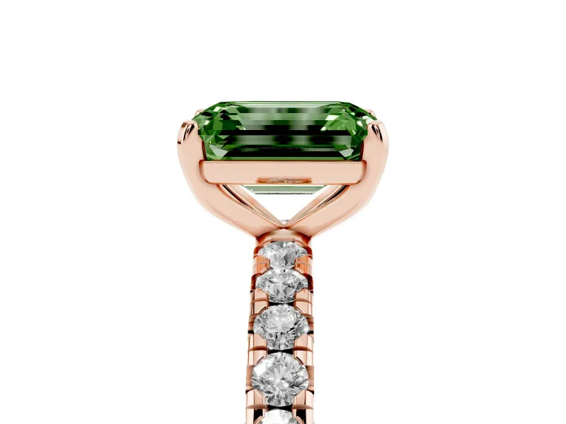 Fancy Green Emerald Cut Diamond Pavé Solitaire Ring Set in Rose gold with Round Band and Prong Setting