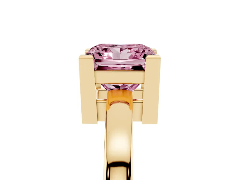 Fancy Pink Princess Cut Diamond Solitaire Ring Set in Yellow gold with Prong Head and Smooth Polished Band