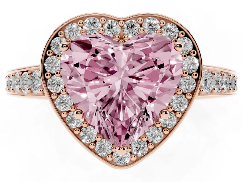Fancy Pink Heart Cut Diamond Halo Pavé Engagement Ring Set in Rose gold with Bezel Setting
