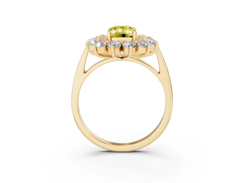 Emerald Cut Floral Double Halo Engagement Ring Setting for a Fancy Yellow Lab-Grown Diamond | Plain Band | Yellow Gold