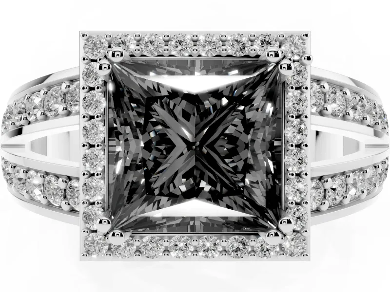 Princess Cut Halo Engagement Ring Setting for a Black Center | Two-Row Pavé Split Shank | White Gold