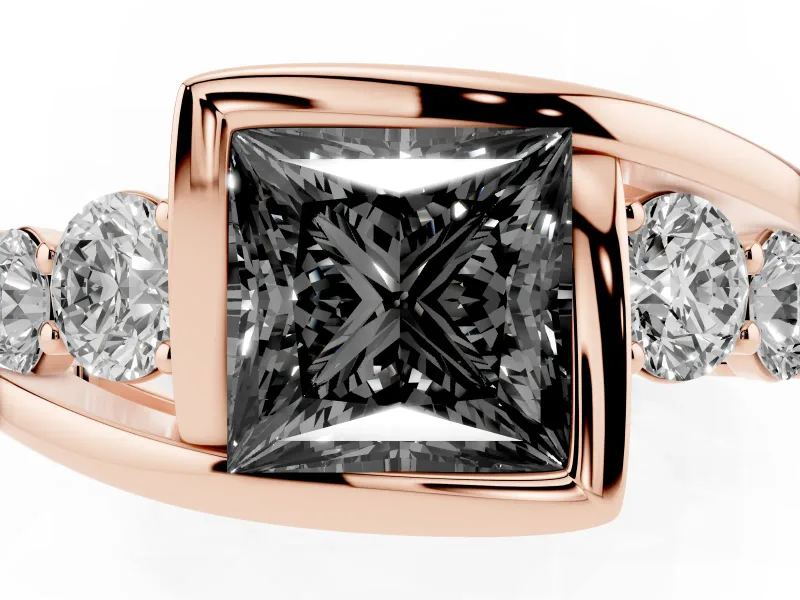 Fancy Black Princess Cut Diamond Bezel Bypass Ring Set in Rose gold with Round Accents