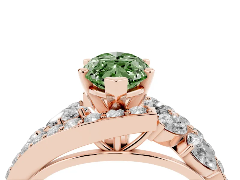 Fancy Green Marquise Cut Diamond Halo Ring Set in Rose gold with Marquise and Pavé Band in Prong Setting