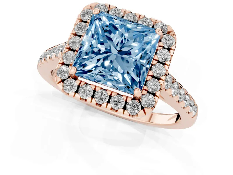 Princess Cut Halo Engagement Ring Setting for a Fancy Blue Lab-Grown Diamond | Pave Shoulders | Rose Gold