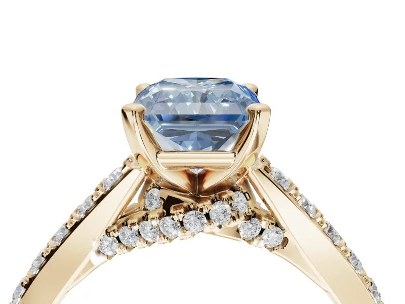 Radiant Cut Pavé Solitaire Engagement Ring Setting for a Fancy Blue Lab-Grown Diamond | Crossover Gallery | Yellow Gold