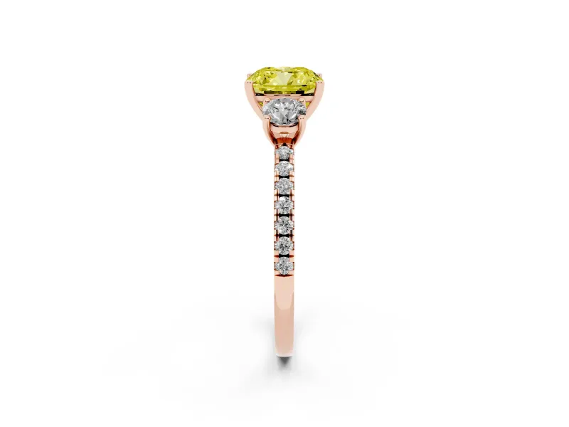 Cushion Cut Three Stone Engagement Ring Setting for a Fancy Yellow Lab-Grown Diamond | Pave Shoulders | Rose Gold