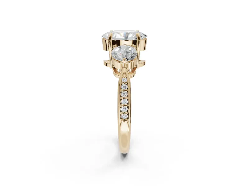 Oval Three Stone Engagement Ring Setting | Tapered Pave Band | Yellow Gold