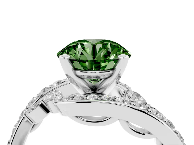 Fancy Green Round Cut Diamond Solitaire Ring Set in Silver with Pavé Twist Band and Secure Prong Setting