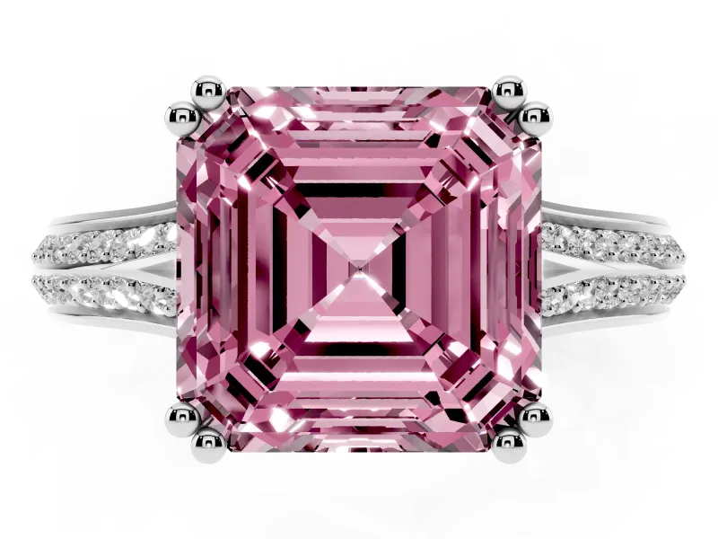 Fancy Pink Asscher Cut Diamond Split Shank Pavé Engagement Ring Set in Platinum with Prong-Set Center Stone