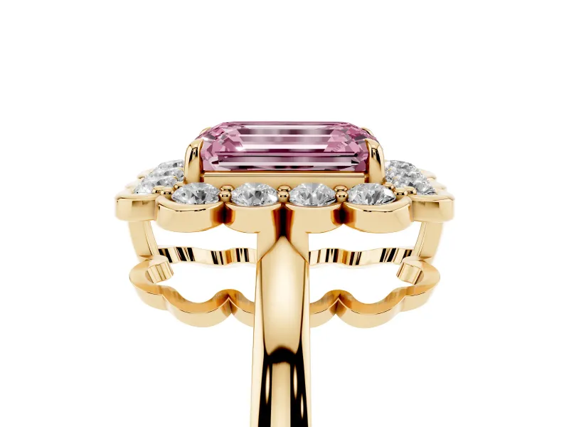 Emerald Cut Scalloped Cluster Halo Engagement Ring Setting for a Fancy Pink Lab-Grown Diamond | Plain Band | Yellow Gold