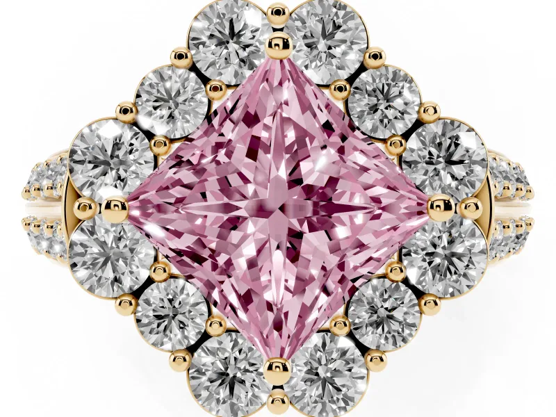 Princess Cut Large Accent Halo Engagement Ring Setting for a Fancy Pink Lab-Grown Diamond | Graduated Pavé | Yellow Gold