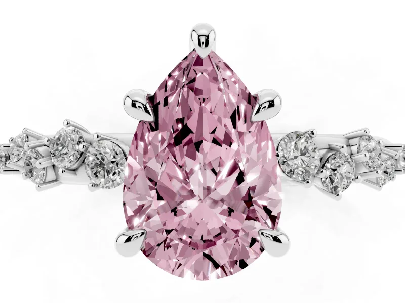 Fancy Pink Pear Cut Diamond Solitaire Vine Band Ring Set in Silver with Round Accents and Prong Setting