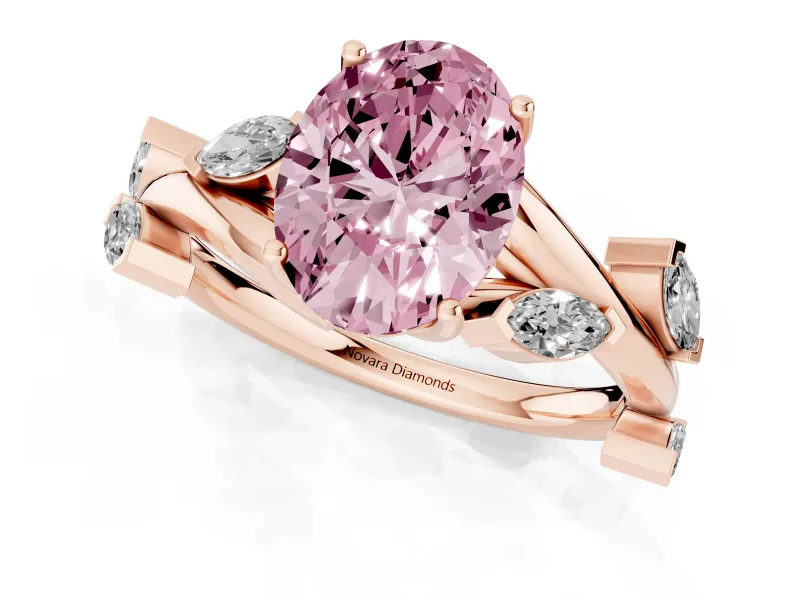 Fancy Pink Oval Cut Diamond Solitaire Ring Set in Rose gold with Twisted Marquise Accent Band