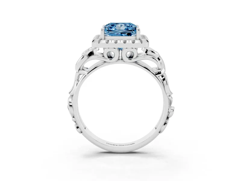 Fancy Blue Princess Cut Diamond Halo Ring Set in Platinum with Scrollwork Band and Prong Setting