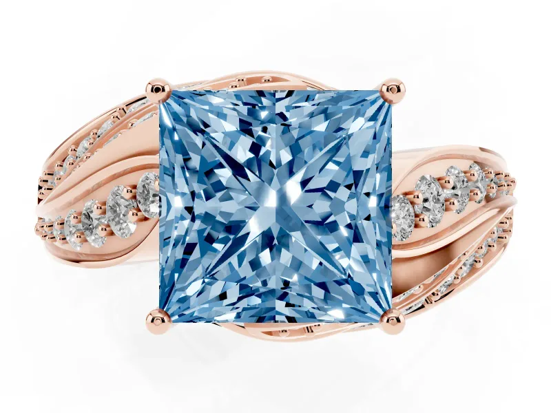 Princess Cut Bypass Hidden Halo Engagement Ring Setting for a Fancy Blue Lab-Grown Diamond | Graduated Pavé | Rose Gold