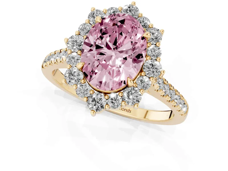 Oval Scalloped Halo Engagement Ring Setting for a Fancy Pink Lab-Grown Diamond | Single Row Pave | Yellow Gold