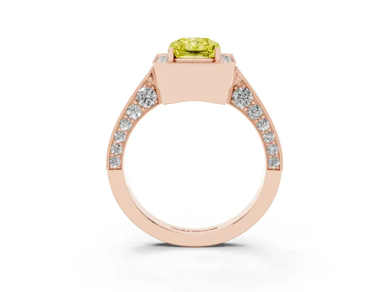 Radiant Cut Milgrain Halo Engagement Ring Setting for a Fancy Yellow Lab-Grown Diamond | Side Stones | Rose Gold