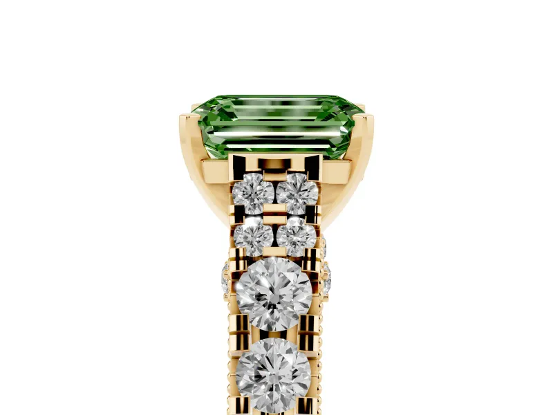 Emerald Cut Graduated Cathedral Engagement Ring Setting for a Fancy Green Lab-Grown Diamond | Side Stones | Yellow Gold
