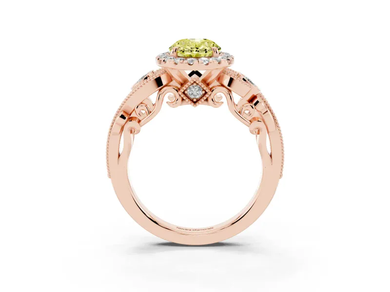 Oval Vintage Halo Engagement Ring Setting for a Fancy Yellow Lab-Grown Diamond | Bezel Shoulder Accents | Rose Gold