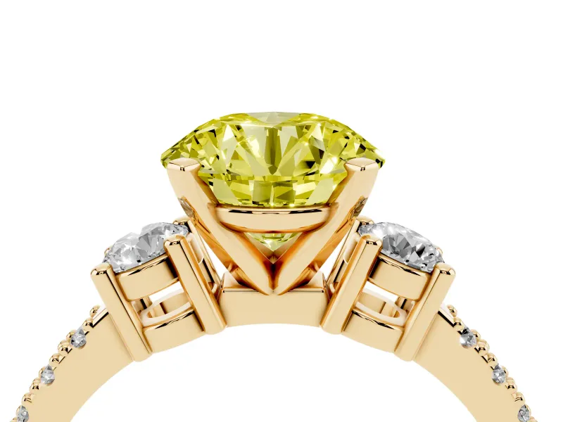 Fancy Yellow Three-Stone Round Cut Diamond Pavé Band Ring Set in Yellow gold with Prong Setting
