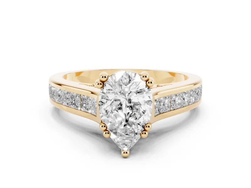 Pear Cut Diamond Channel Set Solitaire Engagement Ring Set in Yellow gold with Prong Setting