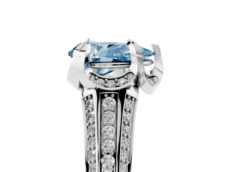 Fancy Blue Pear Cut Diamond Pavé Split Shank Solitaire Ring Set in Silver with Prong Setting