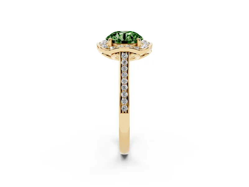 Round Halo Engagement Ring Setting for a Fancy Green Lab-Grown Diamond | Petal Tips | Yellow Gold