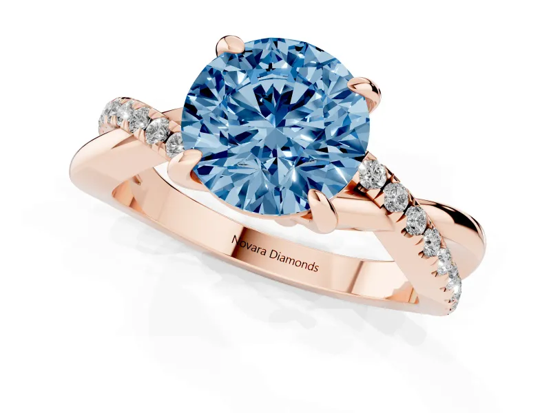 Fancy Blue Round Cut Diamond Twist Band Solitaire Set in Rose gold with Pavé Accents and Prong Setting