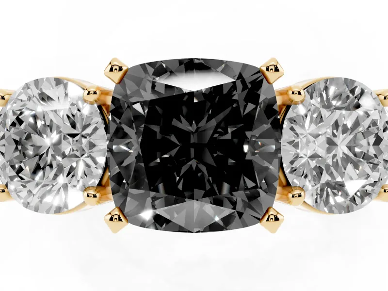 Cushion Cut Three Stone Engagement Ring Setting for a Black Center | Round Side Stones | Yellow Gold