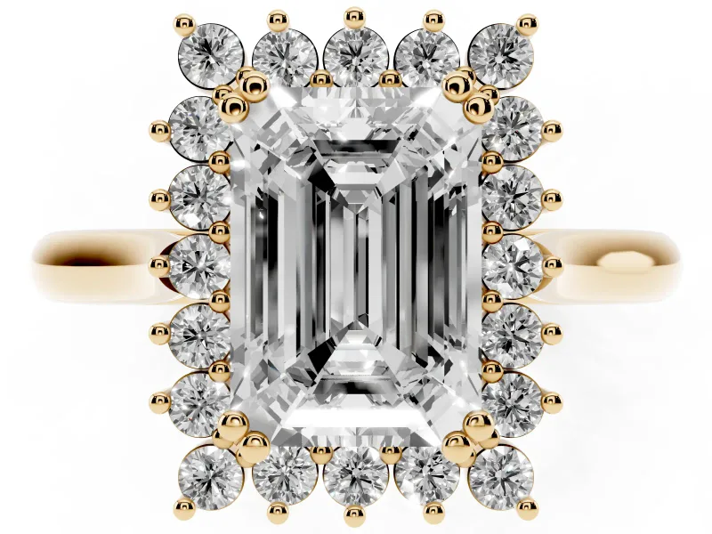 Emerald Cut Diamond Halo Ring Set in Yellow gold with Plain Solitaire Band and Prong Setting