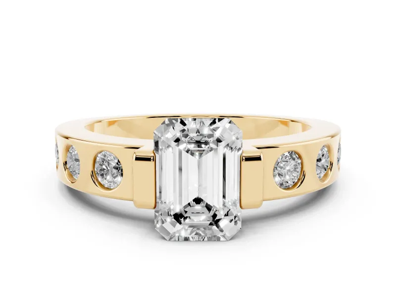 Emerald Cut Diamond Channel-Set Band Ring Set in Yellow gold with Bezel Prong Setting