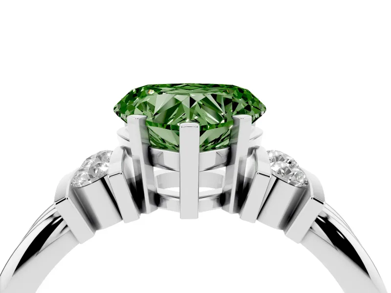 Fancy Green Three-Stone Heart Cut Diamond Channel Set Ring Set in Silver with Bar Prongs