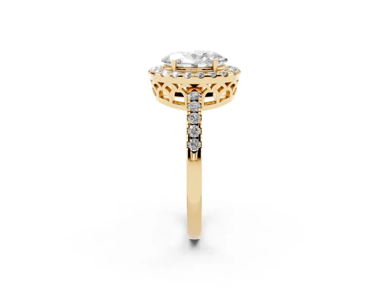 Oval Cut Diamond Pavé Band Halo Engagement Ring Set in Yellow gold with Prong Setting