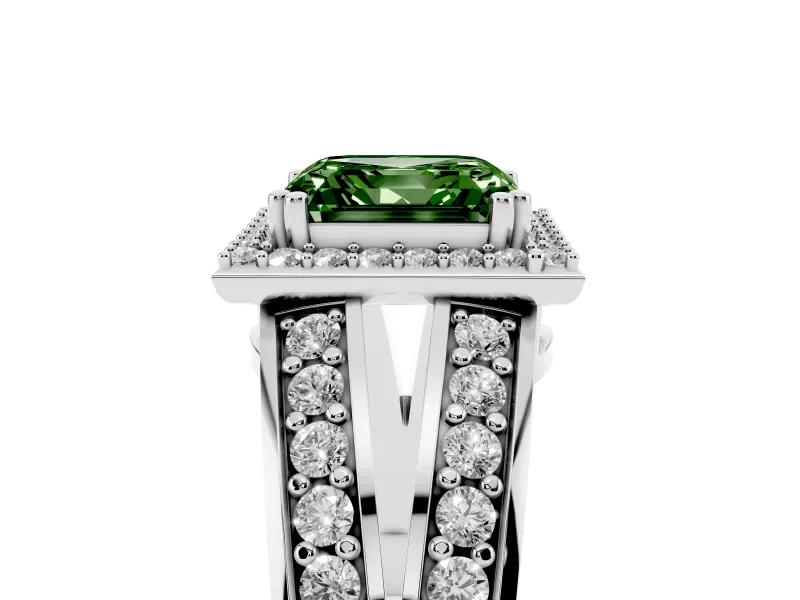 Asscher Cut Halo Engagement Ring Setting for a Fancy Green Lab-Grown Diamond | Two-Row Pave Split Shank | White Gold