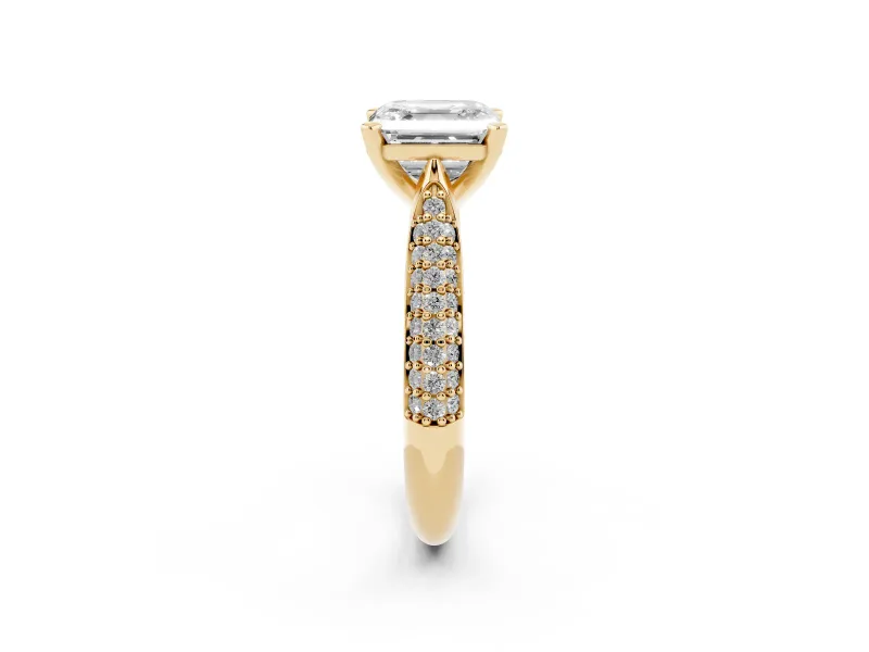 Asscher Cut Pavé Solitaire Engagement Ring Setting | Multi-Row Shoulders | Yellow Gold
