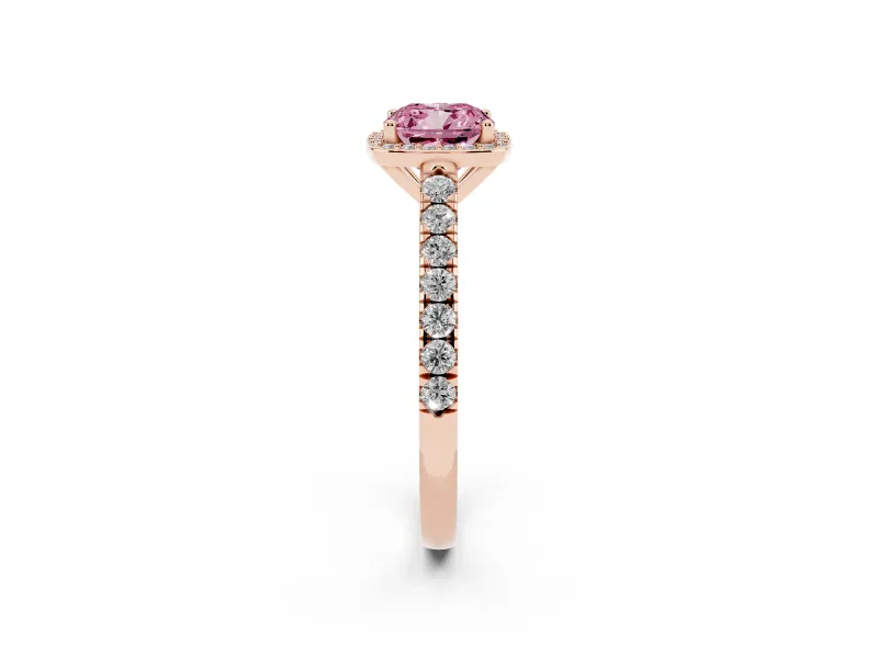 Fancy Pink Cushion Cut Diamond Halo Engagement Ring Set in Rose gold with Pavé Band and Prong Setting