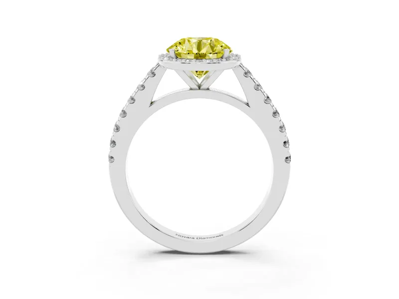 Fancy Yellow Round Cut Diamond Halo Engagement Ring Set in Silver with Pavé Band and Prong Setting