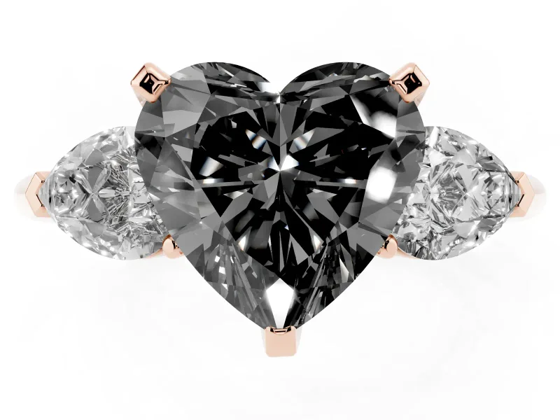Heart-Shaped Three-Stone Engagement Ring Setting for a Black Center | Pear Side Stones | Rose Gold