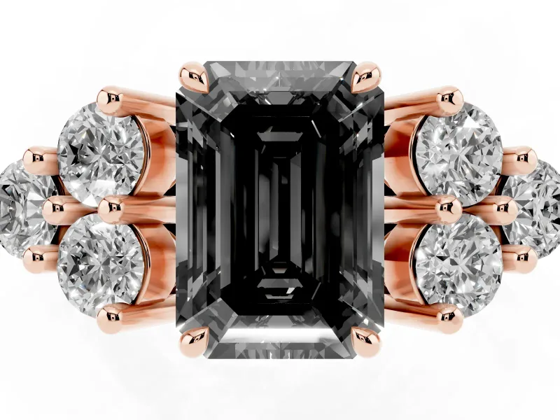 Fancy Black Emerald Cut Diamond Solitaire Ring Set in Rose gold with Cluster Accents on Each Side