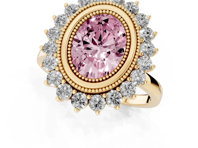 Fancy Pink Oval Cut Diamond Halo Ring Set in Yellow gold with Milgrain Edge and Round Prong Setting