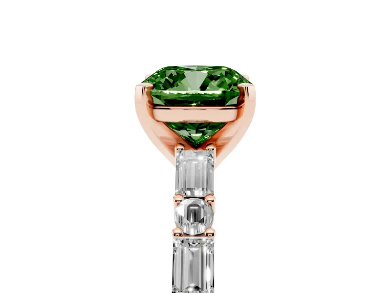 Fancy Green Cushion Cut Diamond Solitaire Set in Rose gold with Side Baguettes and Channel Set Band