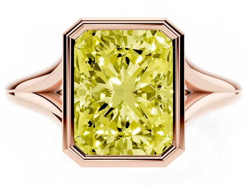 Fancy Yellow Bezel Set Radiant Cut Diamond Solitaire Ring Set in Rose gold with Tapered Band