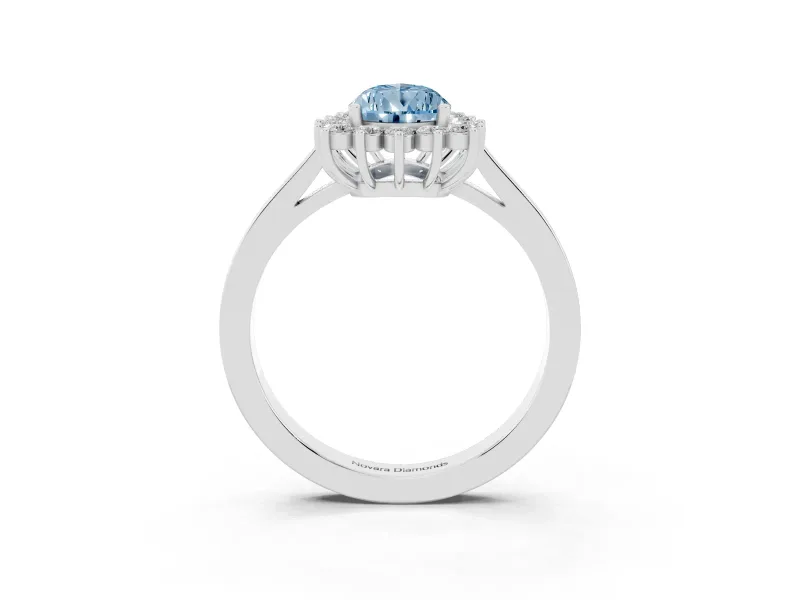 Fancy Blue Pear Cut Diamond Halo Ring Set in Silver with Round Halo and Smooth Solitaire Band